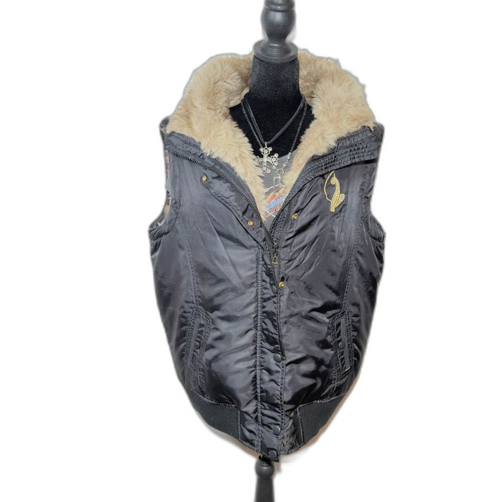 Vintage Baby Phat Women's Black Puffer Vest Faux Fur Lined Full Zip Trim Size 1X